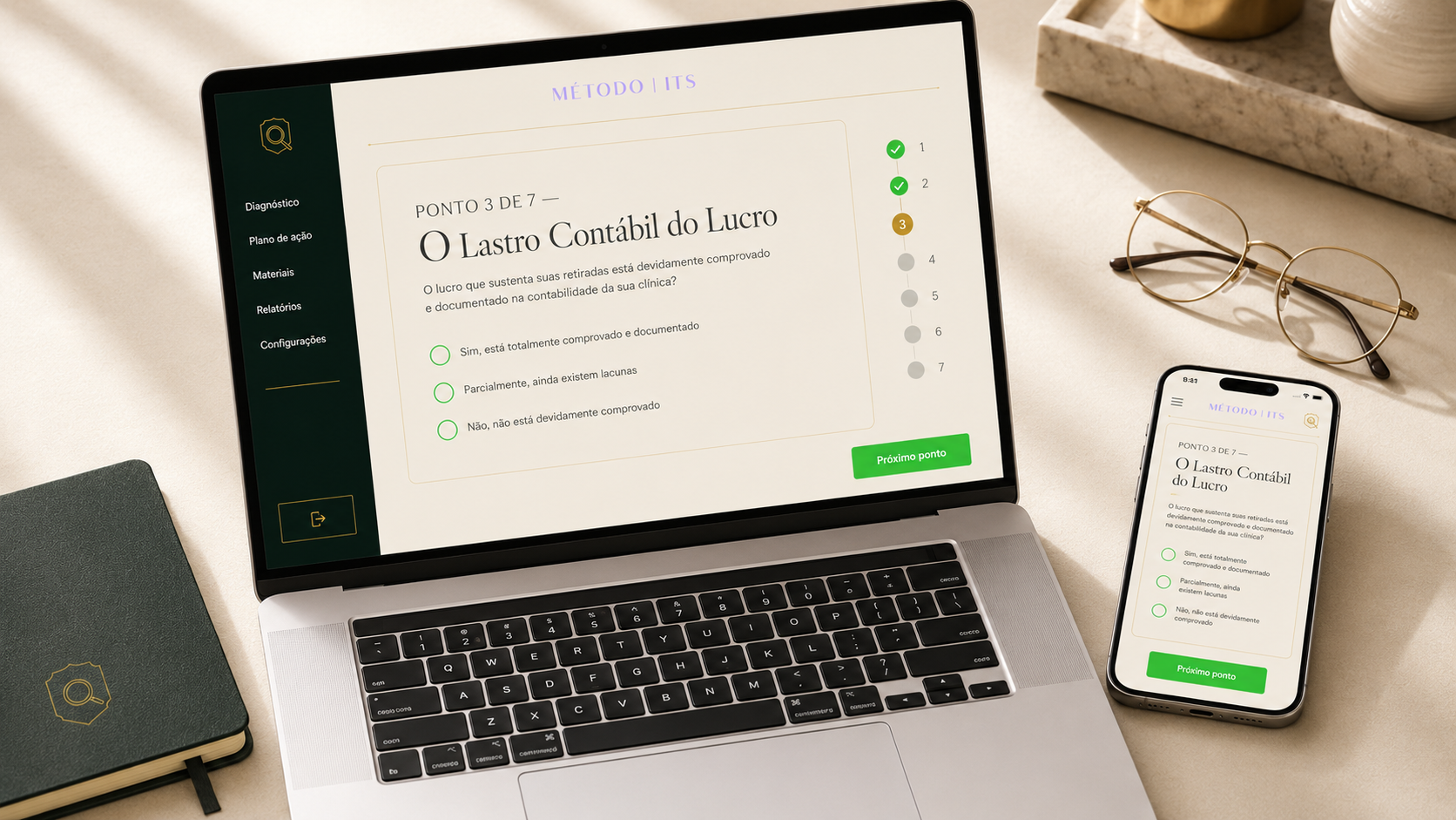 A ferramenta Raio-X da Retirada Segura em uso em notebook e celular, mostrando o Ponto 3 de 7: O Lastro Contábil do Lucro